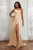 Stretch Satin One Shoulder Formal Evening Prom Dress Sleeveless Ruched Bridesmaid Dresses