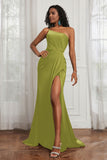 Stretch Satin One Shoulder Formal Evening Prom Dress Sleeveless Ruched Bridesmaid Dresses