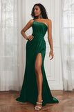 Stretch Satin One Shoulder Formal Evening Prom Dress Sleeveless Ruched Bridesmaid Dresses
