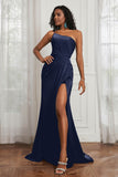 Stretch Satin One Shoulder Formal Evening Prom Dress Sleeveless Ruched Bridesmaid Dresses