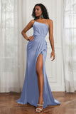 Stretch Satin One Shoulder Formal Evening Prom Dress Sleeveless Ruched Bridesmaid Dresses