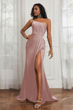 Stretch Satin One Shoulder Formal Evening Prom Dress Sleeveless Ruched Bridesmaid Dresses