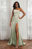 Stretch Satin One Shoulder Formal Evening Prom Dress Sleeveless Ruched Bridesmaid Dresses