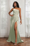 Stretch Satin One Shoulder Formal Evening Prom Dress Sleeveless Ruched Bridesmaid Dresses