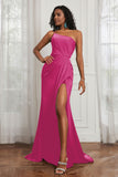 Stretch Satin One Shoulder Formal Evening Prom Dress Sleeveless Ruched Bridesmaid Dresses