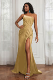 Stretch Satin One Shoulder Formal Evening Prom Dress Sleeveless Ruched Bridesmaid Dresses