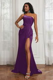 Stretch Satin One Shoulder Formal Evening Prom Dress Sleeveless Ruched Bridesmaid Dresses