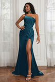 Stretch Satin One Shoulder Formal Evening Prom Dress Sleeveless Ruched Bridesmaid Dresses
