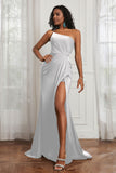 Stretch Satin One Shoulder Formal Evening Prom Dress Sleeveless Ruched Bridesmaid Dresses