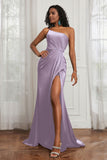 Stretch Satin One Shoulder Formal Evening Prom Dress Sleeveless Ruched Bridesmaid Dresses