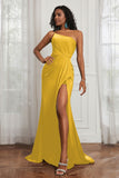 Stretch Satin One Shoulder Formal Evening Prom Dress Sleeveless Ruched Bridesmaid Dresses