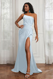 Stretch Satin One Shoulder Formal Evening Prom Dress Sleeveless Ruched Bridesmaid Dresses
