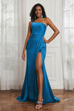 Stretch Satin One Shoulder Formal Evening Prom Dress Sleeveless Ruched Bridesmaid Dresses