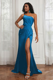 Stretch Satin One Shoulder Formal Evening Prom Dress Sleeveless Ruched Bridesmaid Dresses