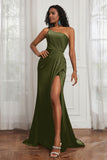 Stretch Satin One Shoulder Formal Evening Prom Dress Sleeveless Ruched Bridesmaid Dresses