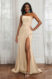 Stretch Satin One Shoulder Formal Evening Prom Dress Sleeveless Ruched Bridesmaid Dresses