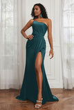 Stretch Satin One Shoulder Formal Evening Prom Dress Sleeveless Ruched Bridesmaid Dresses