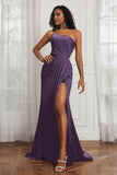 Stretch Satin One Shoulder Formal Evening Prom Dress Sleeveless Ruched Bridesmaid Dresses