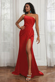 Stretch Satin One Shoulder Formal Evening Prom Dress Sleeveless Ruched Bridesmaid Dresses