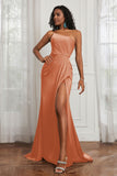 Stretch Satin One Shoulder Formal Evening Prom Dress Sleeveless Ruched Bridesmaid Dresses