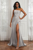 Stretch Satin One Shoulder Formal Evening Prom Dress Sleeveless Ruched Bridesmaid Dresses
