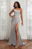Stretch Satin One Shoulder Formal Evening Prom Dress Sleeveless Ruched Bridesmaid Dresses