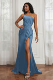 Stretch Satin One Shoulder Formal Evening Prom Dress Sleeveless Ruched Bridesmaid Dresses