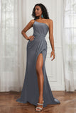 Stretch Satin One Shoulder Formal Evening Prom Dress Sleeveless Ruched Bridesmaid Dresses