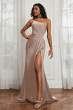 Stretch Satin One Shoulder Formal Evening Prom Dress Sleeveless Ruched Bridesmaid Dresses
