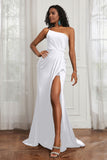 Stretch Satin One Shoulder Formal Evening Prom Dress Sleeveless Ruched Bridesmaid Dresses