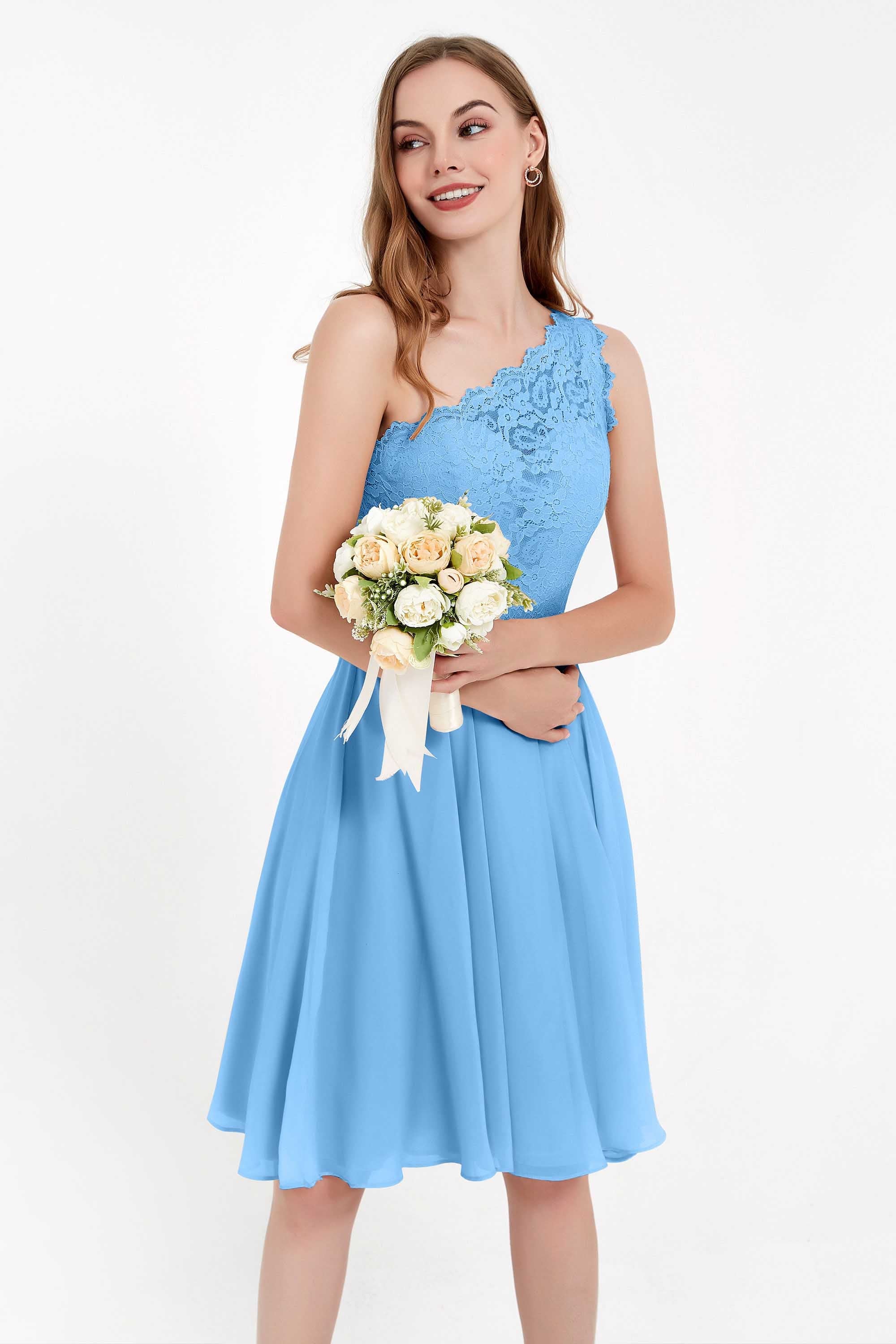 One Shoulder Chiffon A Line Junior Bridesmaid Dress Knee Length Party Homecoming Dresses