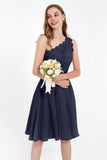 One Shoulder Chiffon A Line Junior Bridesmaid Dress Knee Length Party Homecoming Dresses