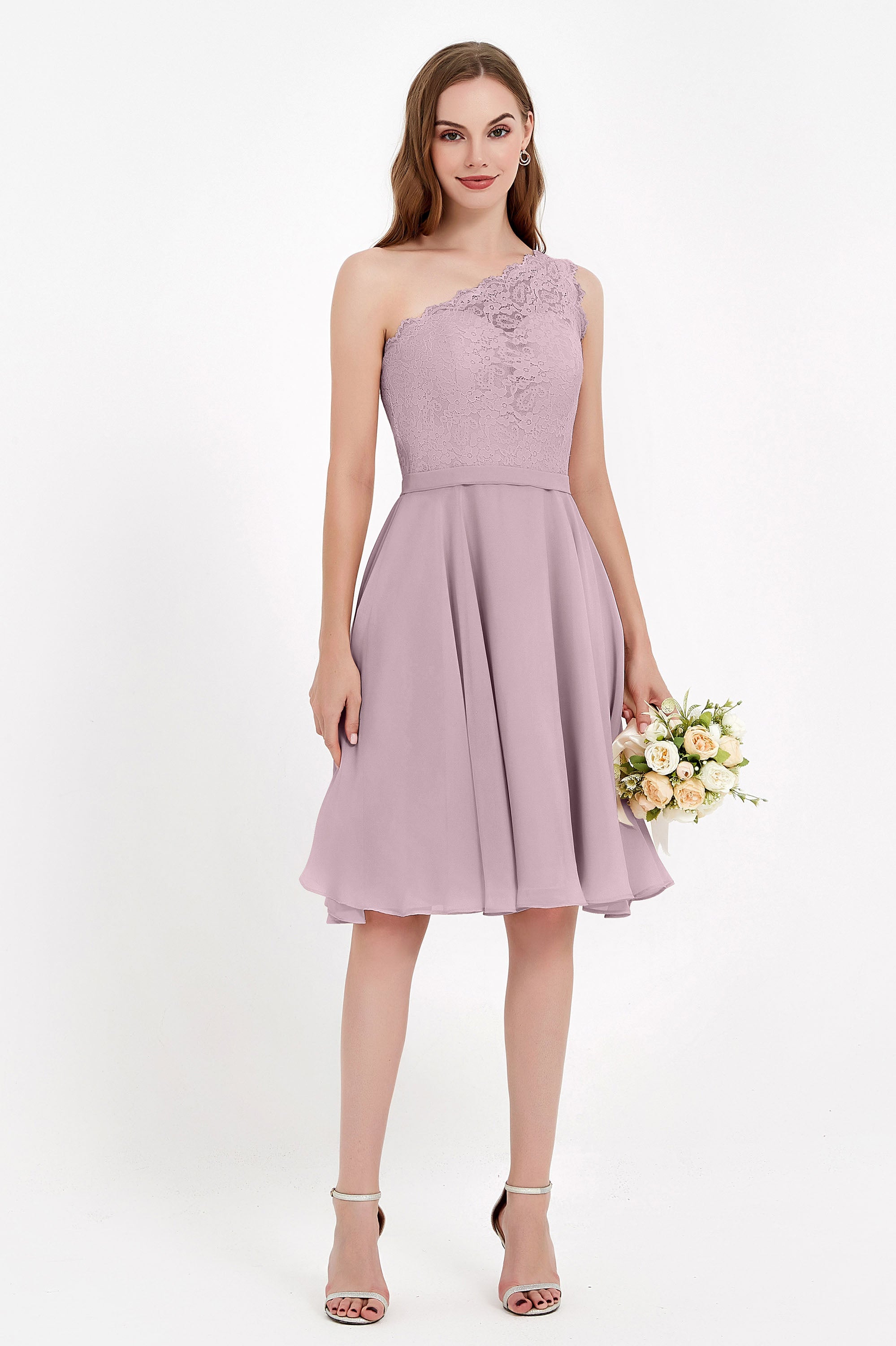 One Shoulder Chiffon A Line Junior Bridesmaid Dress Knee Length Party Homecoming Dresses