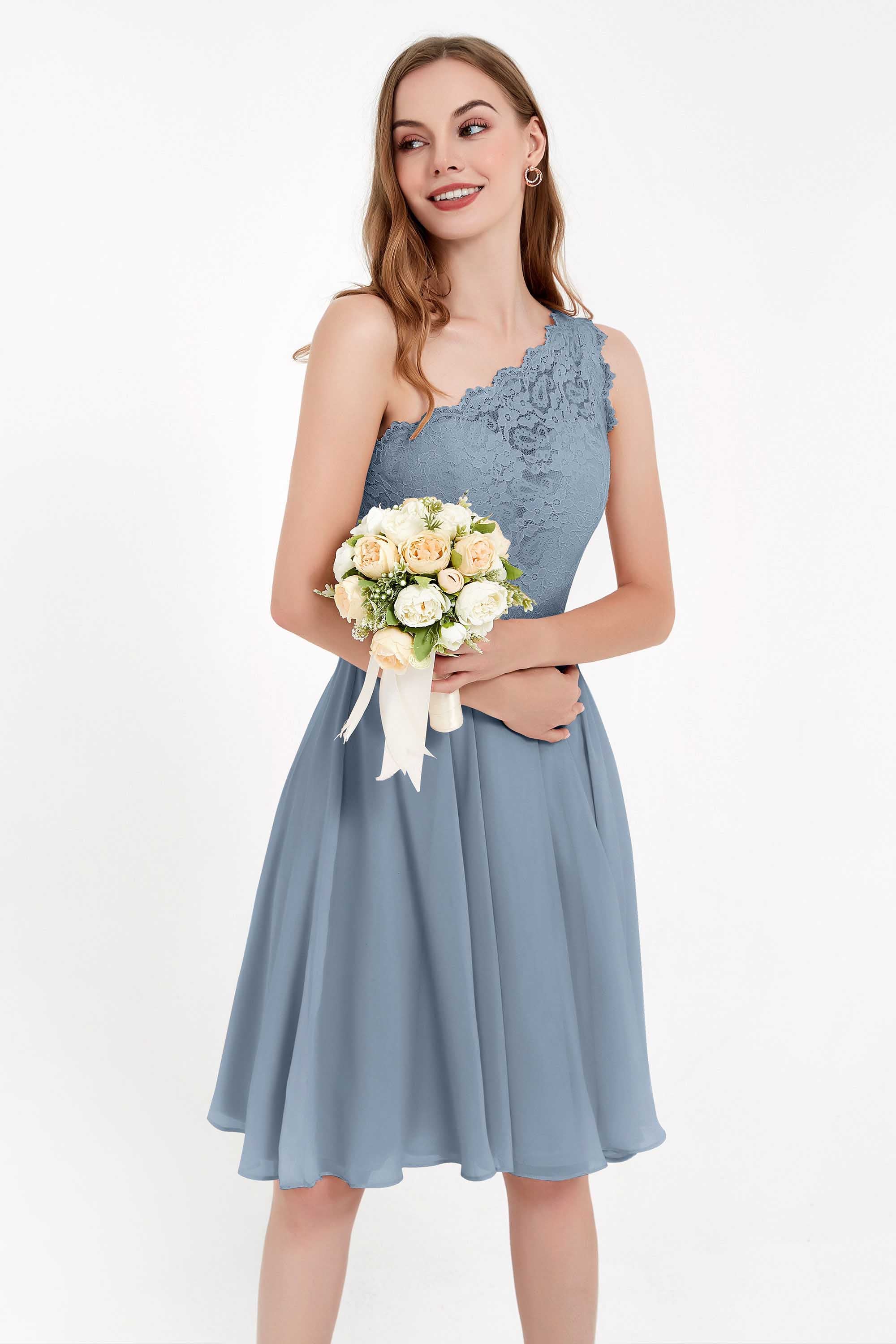 One Shoulder Chiffon A Line Junior Bridesmaid Dress Knee Length Party Homecoming Dresses