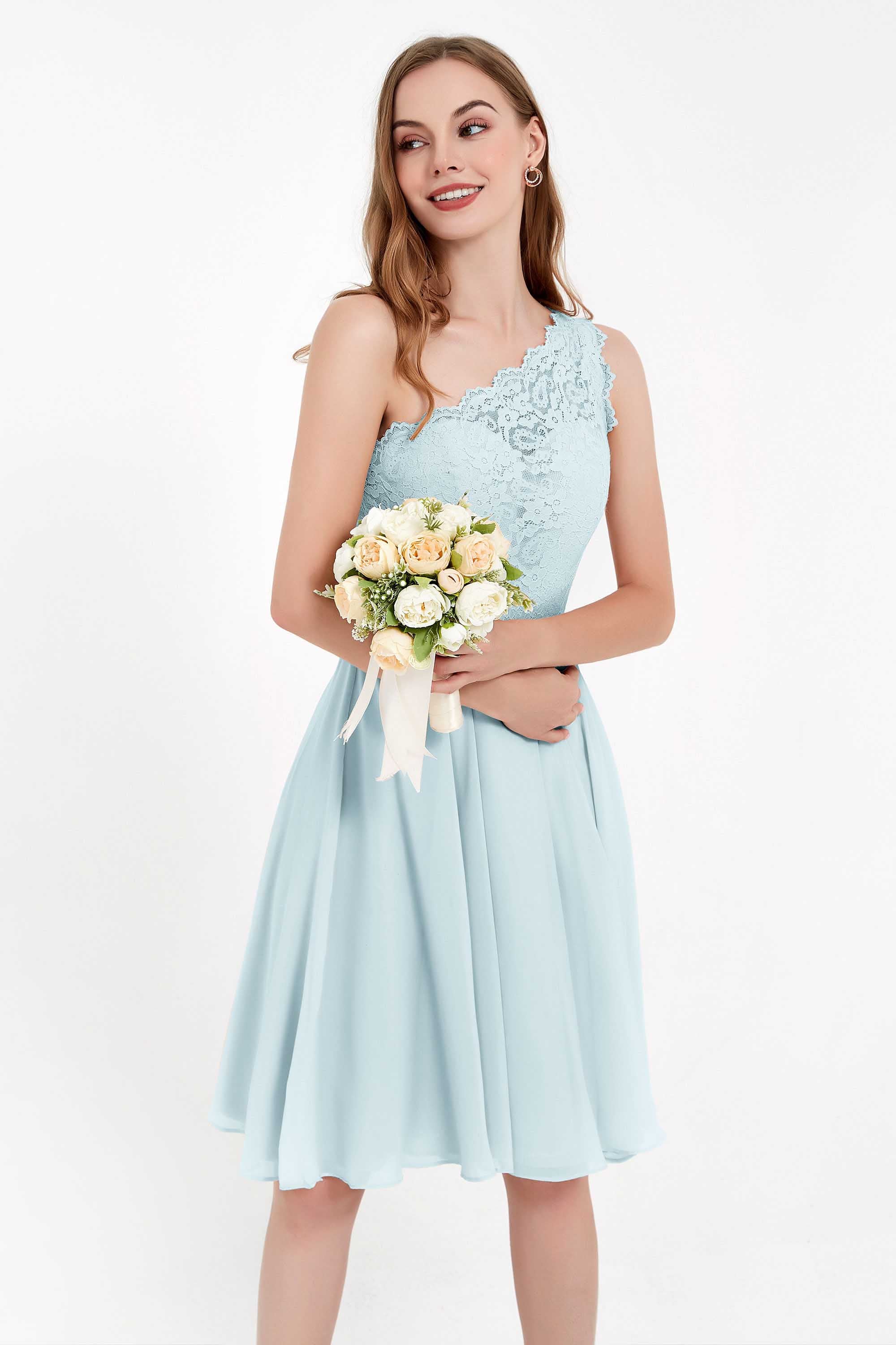 One Shoulder Chiffon A Line Junior Bridesmaid Dress Knee Length Party Homecoming Dresses