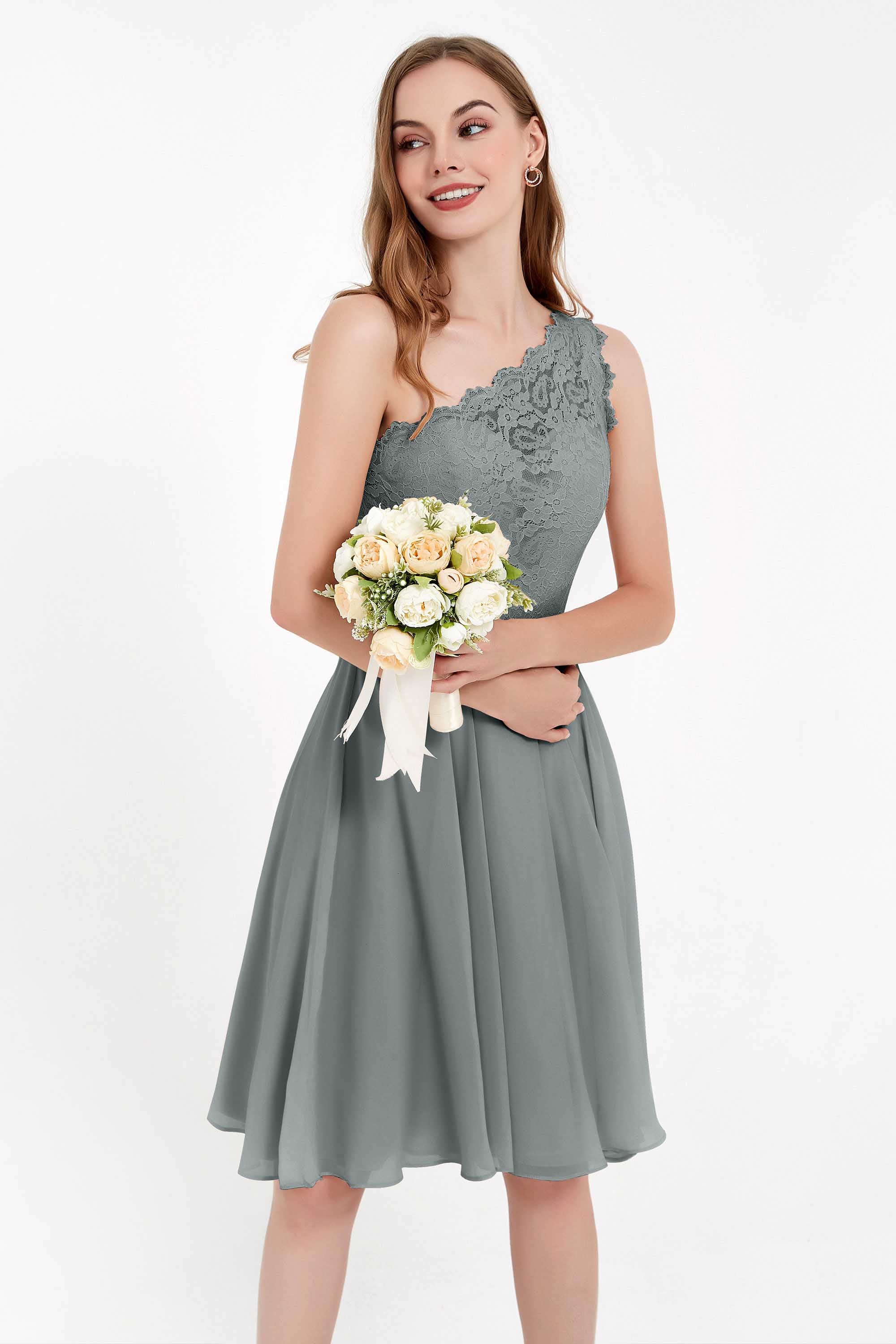 One Shoulder Chiffon A Line Junior Bridesmaid Dress Knee Length Party Homecoming Dresses