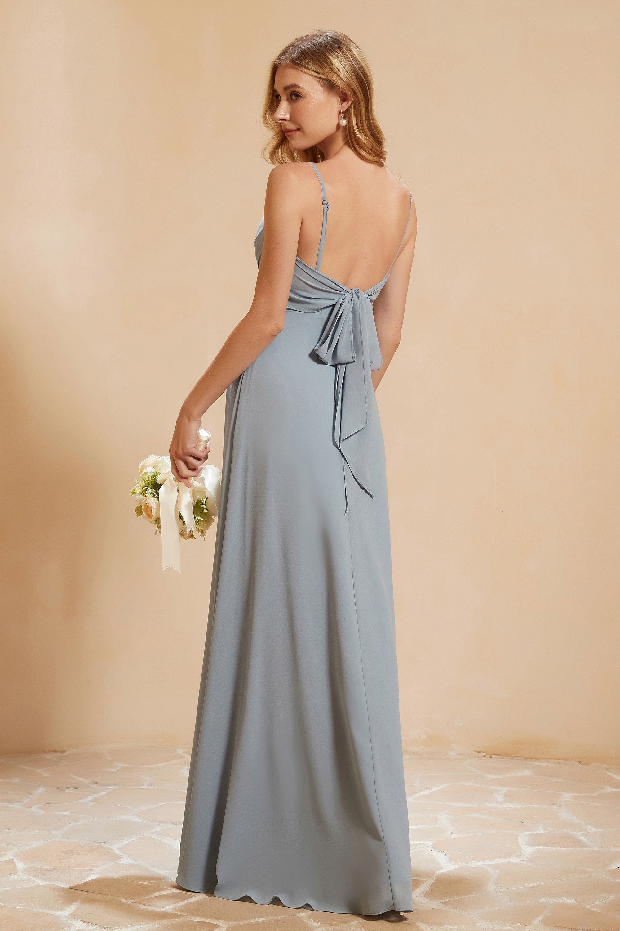 Spaghetti Straps Backless Chiffon Bridesmaid Dress Ruched Pleated Formal Evening Dresses Gowns
