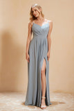 Spaghetti Straps Backless Chiffon Bridesmaid Dress Ruched Pleated Formal Evening Dresses Gowns