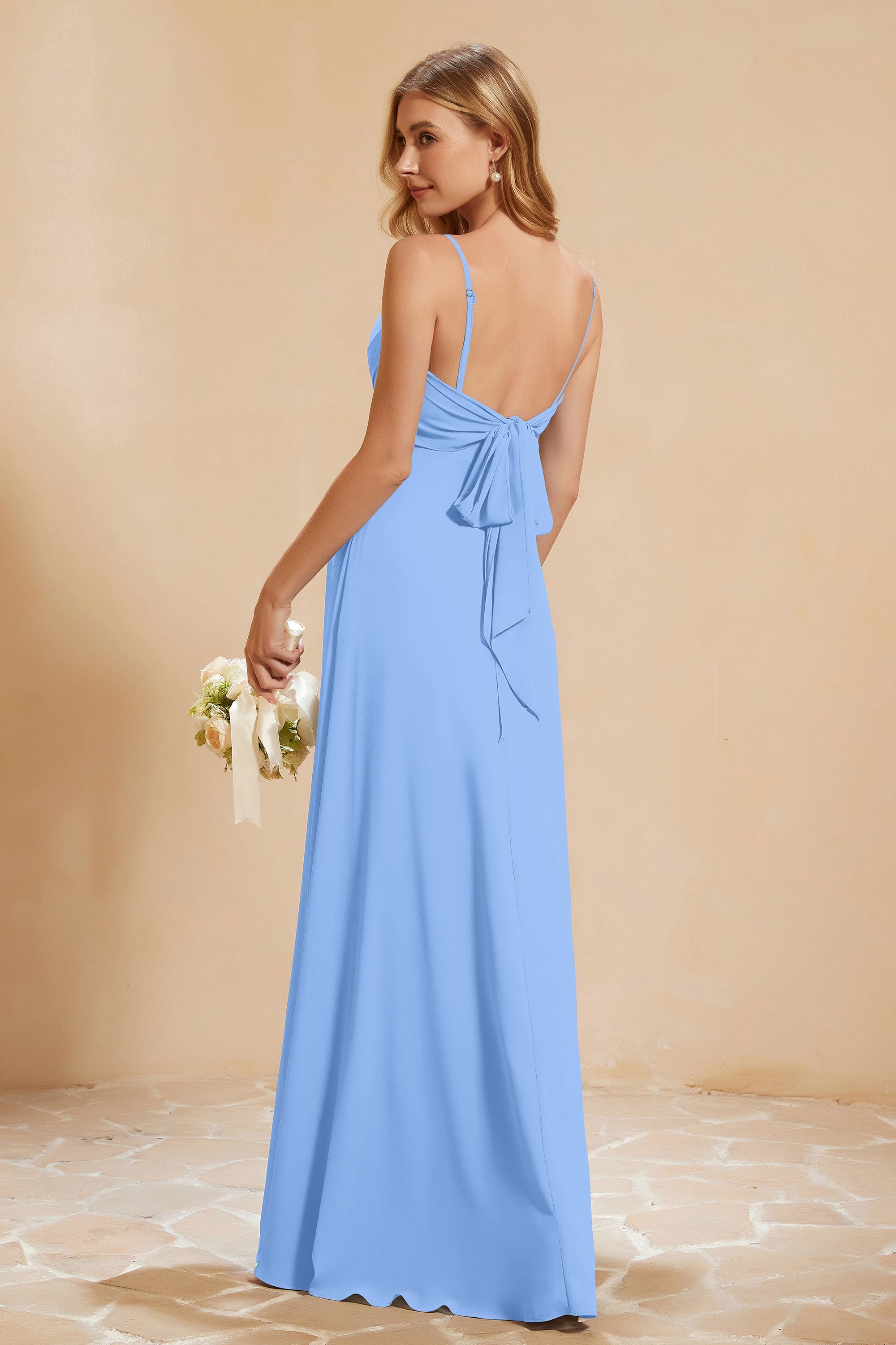 Spaghetti Straps Backless Chiffon Bridesmaid Dress Ruched Pleated Formal Evening Dresses Gowns