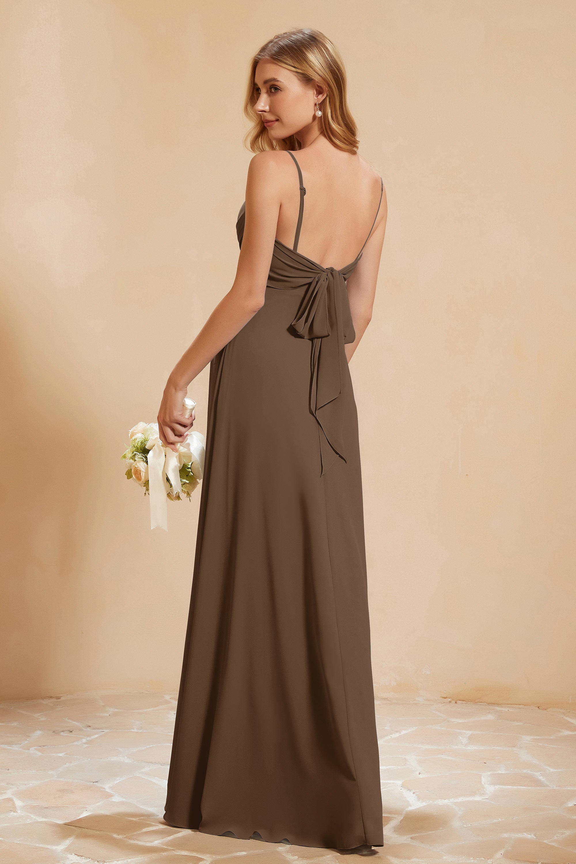 Spaghetti Straps Backless Chiffon Bridesmaid Dress Ruched Pleated Formal Evening Dresses Gowns