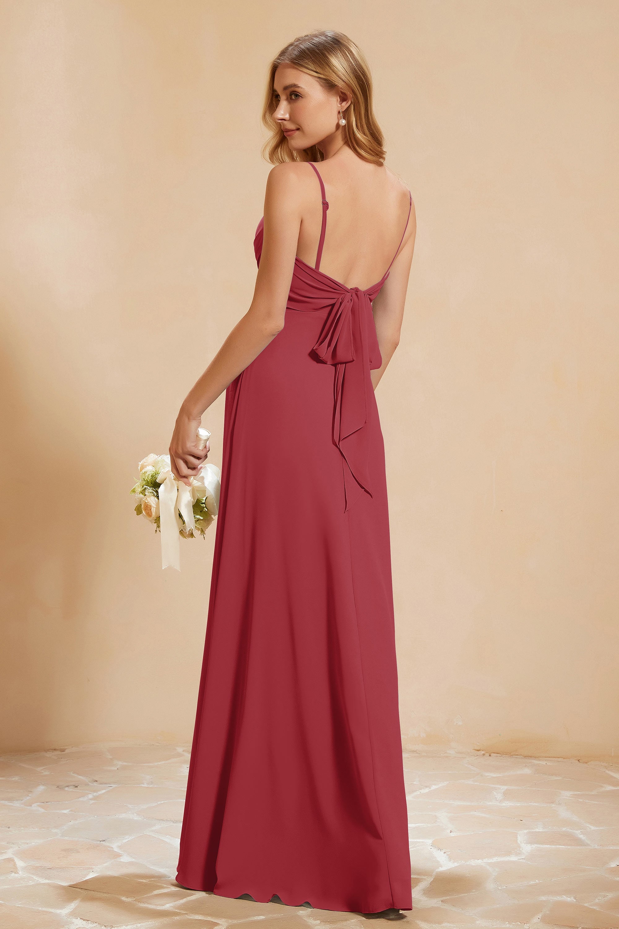 Spaghetti Straps Backless Chiffon Bridesmaid Dress Ruched Pleated Formal Evening Dresses Gowns