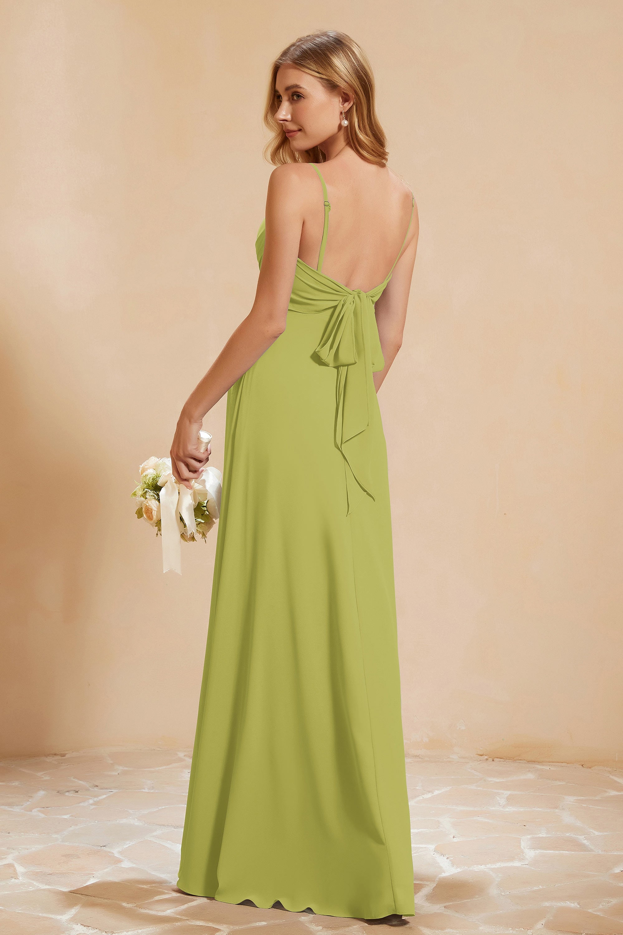 Spaghetti Straps Backless Chiffon Bridesmaid Dress Ruched Pleated Formal Evening Dresses Gowns