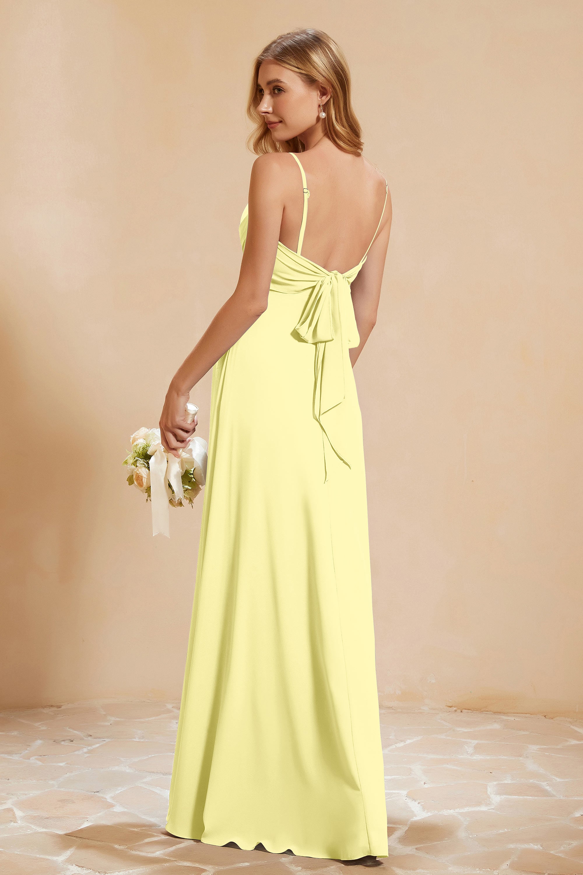 Spaghetti Straps Backless Chiffon Bridesmaid Dress Ruched Pleated Formal Evening Dresses Gowns