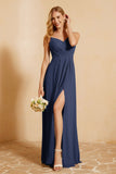 Spaghetti Straps Backless Chiffon Bridesmaid Dress Ruched Pleated Formal Evening Dresses Gowns