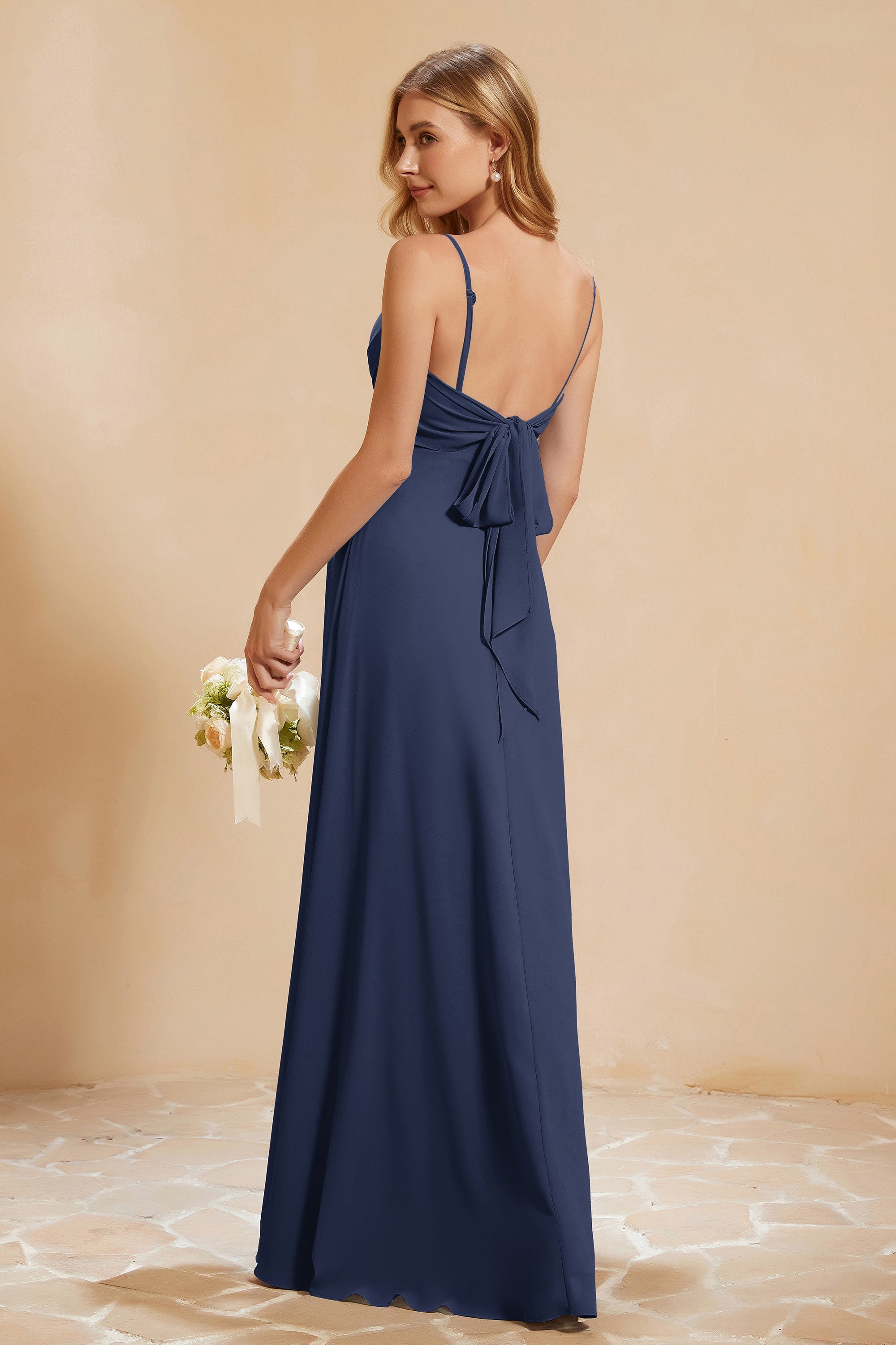 Spaghetti Straps Backless Chiffon Bridesmaid Dress Ruched Pleated Formal Evening Dresses Gowns