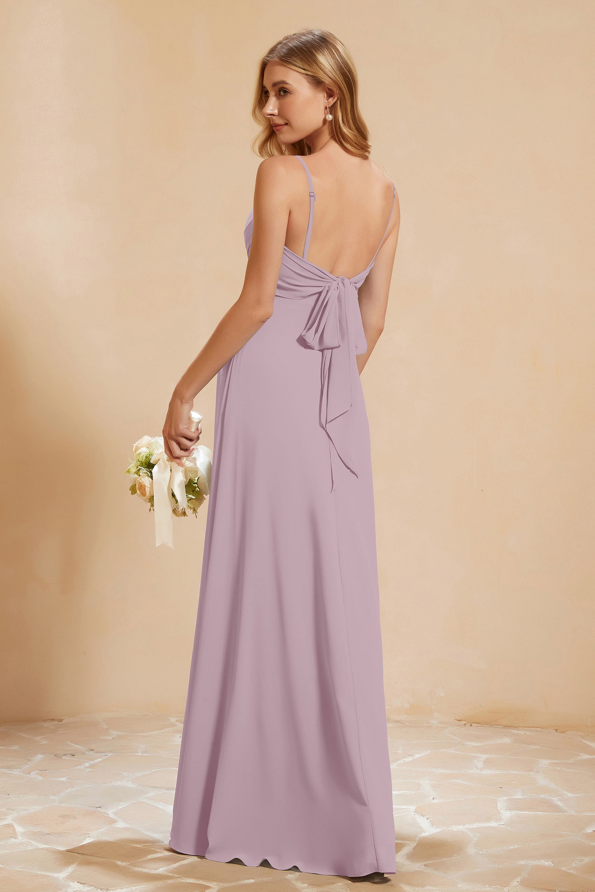 Spaghetti Straps Backless Chiffon Bridesmaid Dress Ruched Pleated Formal Evening Dresses Gowns