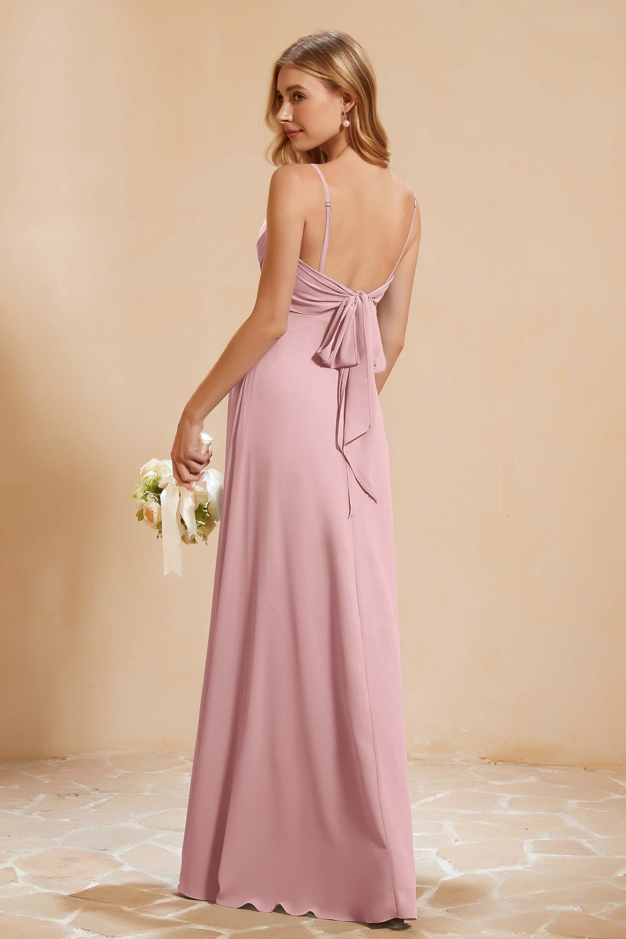 Spaghetti Straps Backless Chiffon Bridesmaid Dress Ruched Pleated Formal Evening Dresses Gowns