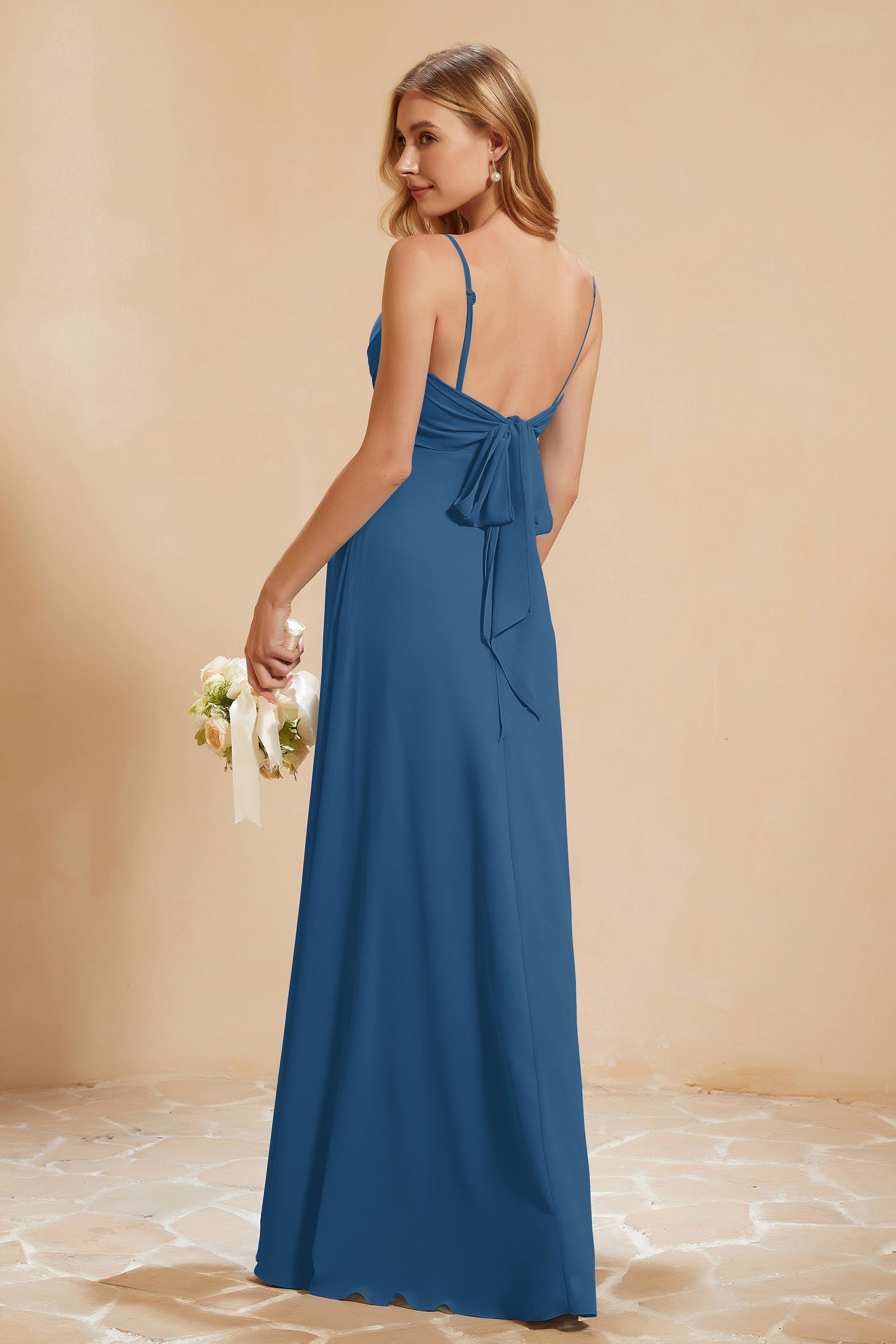 Spaghetti Straps Backless Chiffon Bridesmaid Dress Ruched Pleated Formal Evening Dresses Gowns
