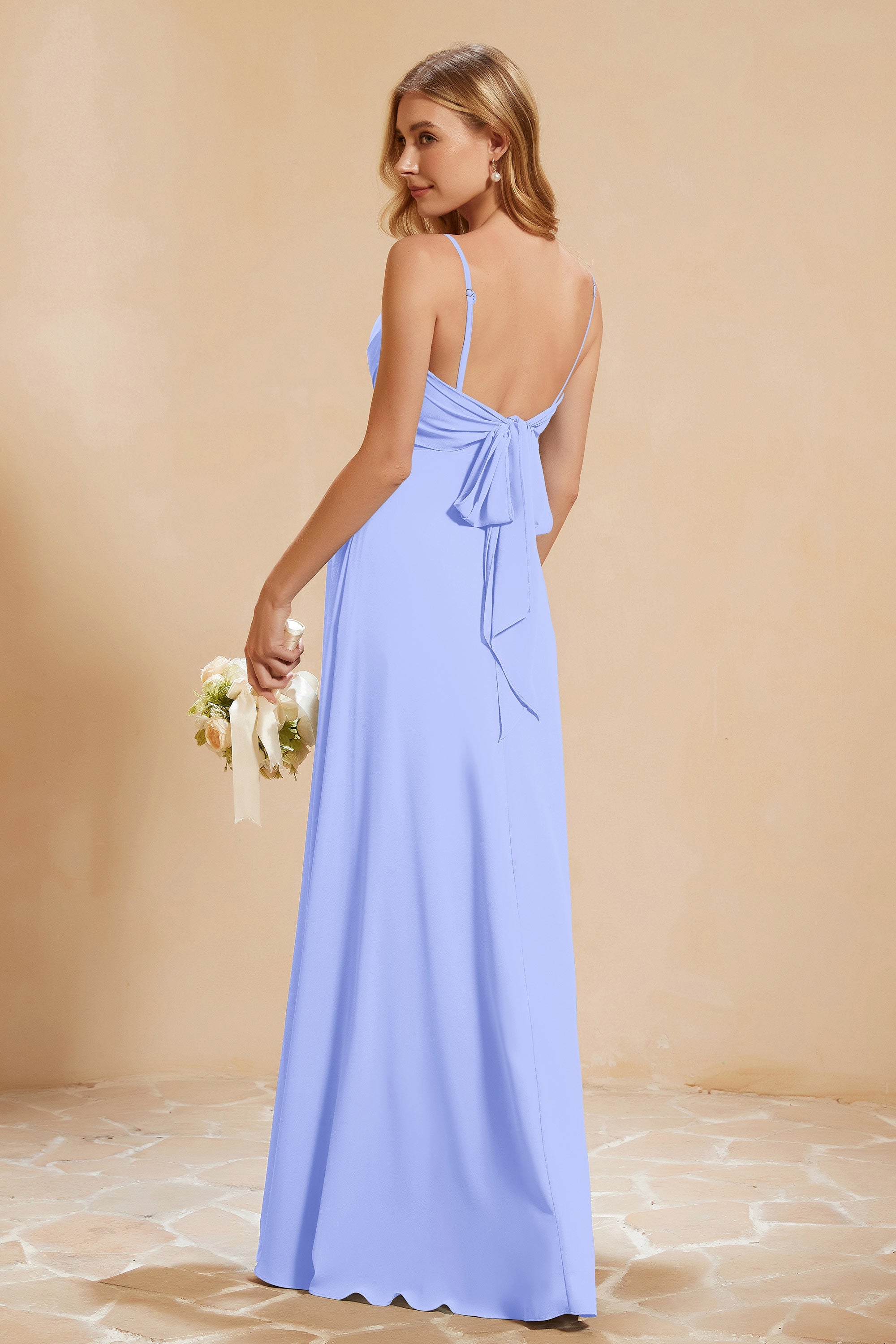 Spaghetti Straps Backless Chiffon Bridesmaid Dress Ruched Pleated Formal Evening Dresses Gowns