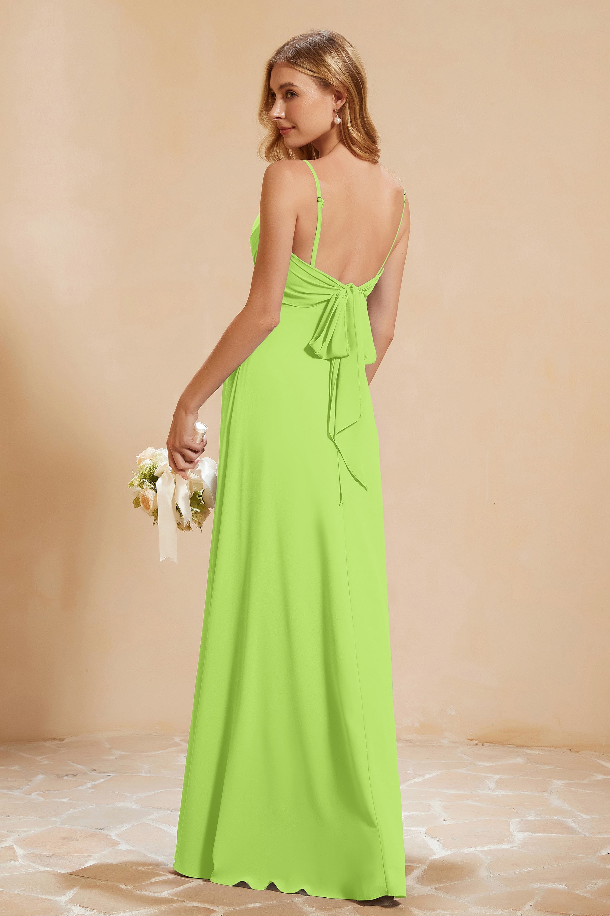 Spaghetti Straps Backless Chiffon Bridesmaid Dress Ruched Pleated Formal Evening Dresses Gowns